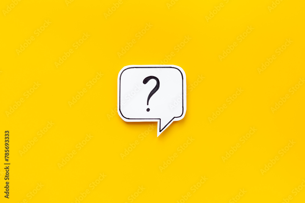 Ask concept. Question mark on paper speech bubble, top view - obrazy, fototapety, plakaty 