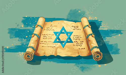 Old torah scroll with Star of David isolated on white background. Judaism religious symbol. Bible exodus torah. Happy Passover celebration, Yom Kippur, Purim photo