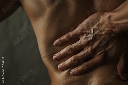 Close-up of a person with a backache, massaging their lower back, muted lighting 01