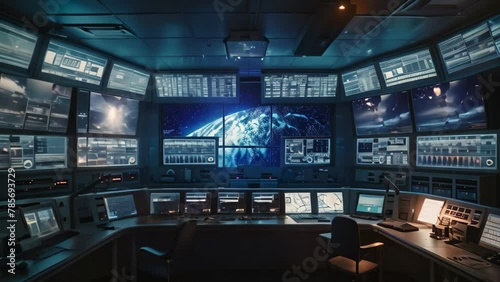 A busy control room with numerous monitors showcasing live data and information, Celebration of a successful space mission in a control room photo