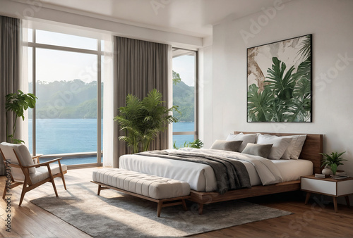 bedroom interior is modern design white with plants and pillows and a window of ocean view © eman