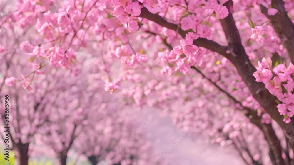 A row of trees covered in pink flower blossoms stand tall against a blue sky backdrop, Cherry blossom trees in full bloom A row of trees covered in pink flower blossoms stand tall against a blue sky backdrop, Cherry blossom trees in full bloom