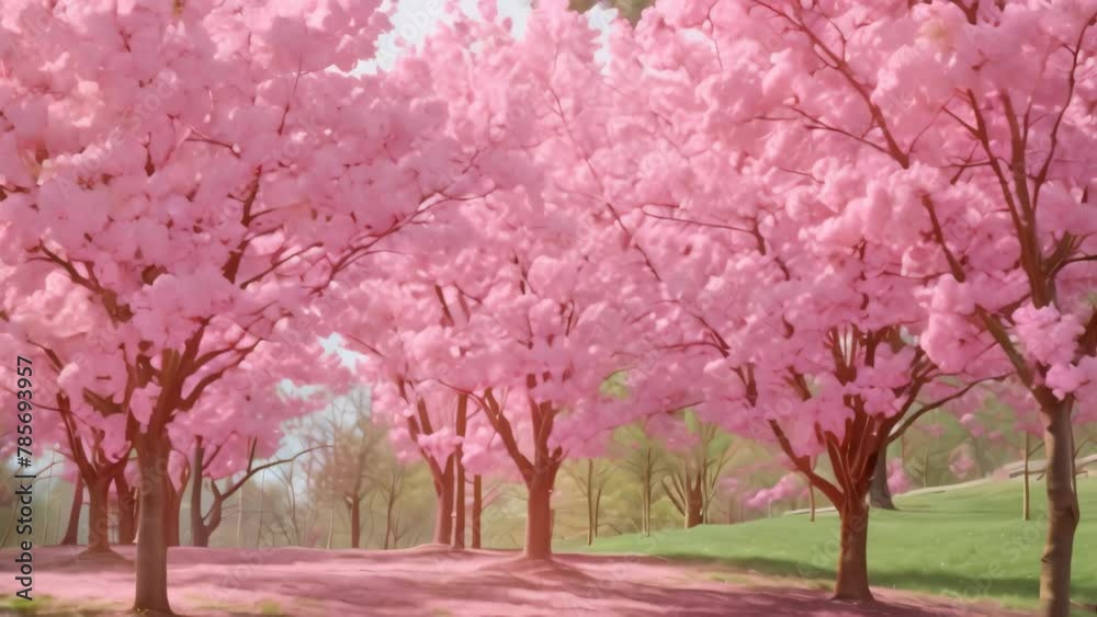 An art piece capturing the beauty of pink trees in a park with vibrant colors and delicate brushstrokes, Cherry blossom trees in full bloom An art piece capturing the beauty of pink trees in a park with vibrant colors and delicate brushstrokes, Cherry blossom trees in full bloom