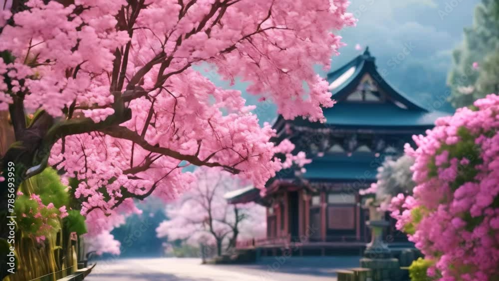 A pagoda surrounded by trees with blooming pink flowers, creating a stunning and vibrant scene, Cherry blossom trees surrounding an ancient Japanese temple A pagoda surrounded by trees with blooming pink flowers, creating a stunning and vibrant scene, Cherry blossom trees surrounding an ancient Japanese temple