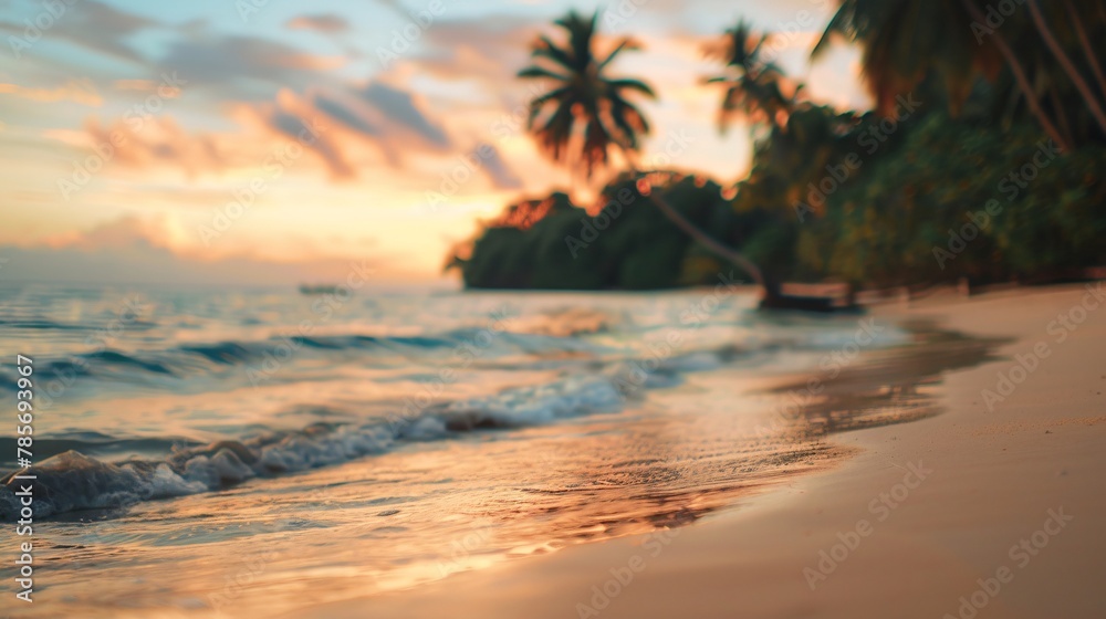 Blurred view of a tropical beach at sunset with no one in the image 03