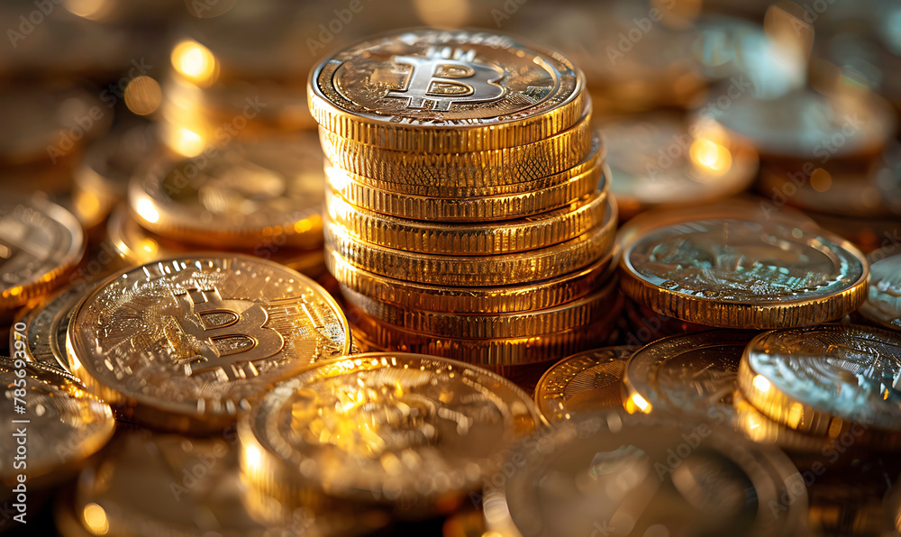 stacked of gold coin and bitcoin saving or finance concept stacked of gold coin and bitcoin saving or finance concept