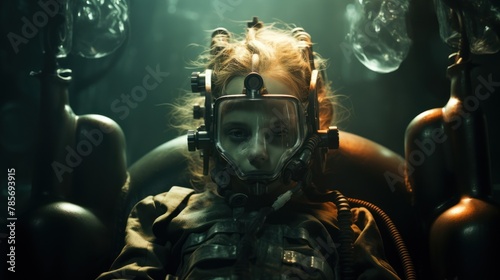 A woman wearing a futuristic gas mask and goggles sits in a chair. The chair is surrounded by glass tanks and there are bubbles in the background.