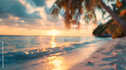 Blurred view of a tropical beach at sunset with no one in the image 01