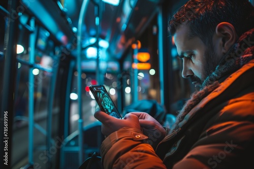 Person checking phone on public transit © gearstd
