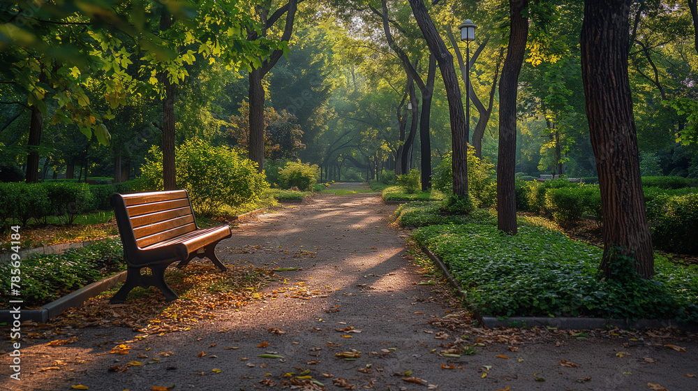 A solitary bench invites quiet reflection along a sun-dappled path in the peaceful embrace of an early morning park