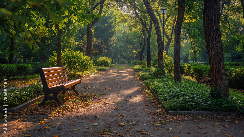 A solitary bench invites quiet reflection along a sun-dappled path in the peaceful embrace of an early morning park A solitary bench invites quiet reflection along a sun-dappled path in the peaceful embrace of an early morning park