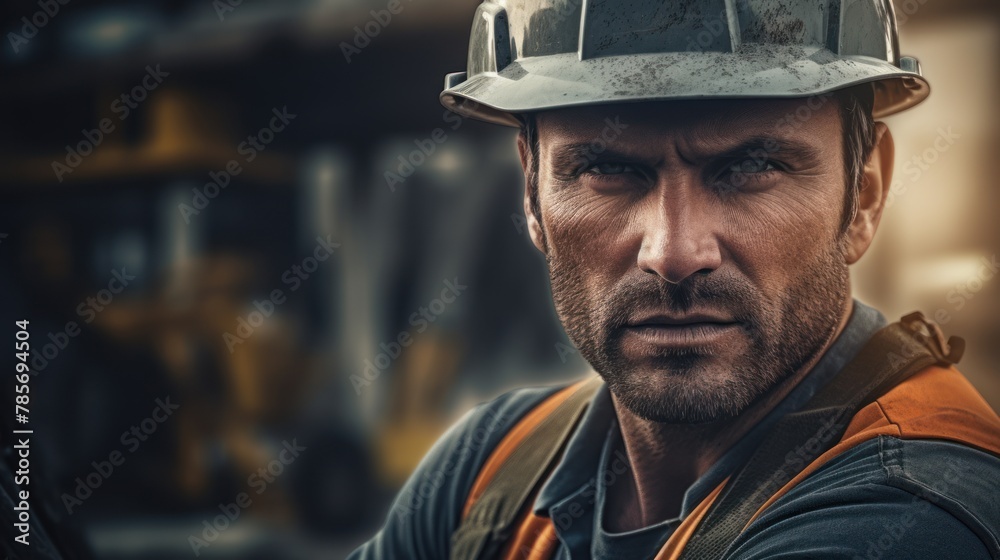 A close-up of a construction worker wearing a hard hat and safety vest. He looks serious and focused. A close-up of a construction worker wearing a hard hat and safety vest. He looks serious and focused.