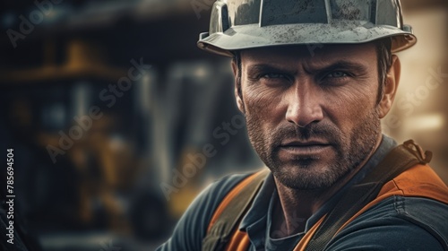 A close-up of a construction worker wearing a hard hat and safety vest. He looks serious and focused.