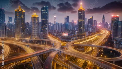 An overhead perspective captures the bustling traffic and complex network of roads at a highway intersection in a city, City skyline with overlapping highways and bustling traffic photo