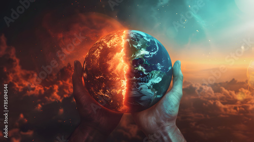 Deux mains humaines tenant une moitié de la planète Terre gelée et une autre moitié en train de fondre, changement climatique et conditions météorologiques extrêmes photo