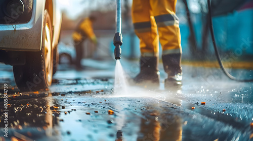 Worker using pressure washer to clean driveway, spray dirt maintenance pavement water surface photo