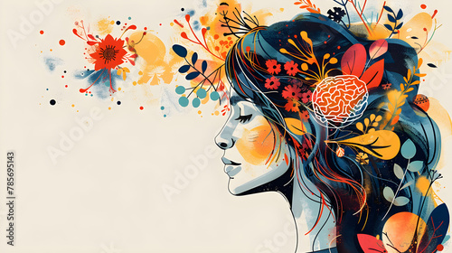 Artistic illustration of a serene woman, surrounded by vibrant abstract floral elements, suitable for mental health awareness materials. photo