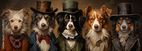 Anthropomorphic Character Dogs Five Victorian Art Animal Portrait Painting Illustration