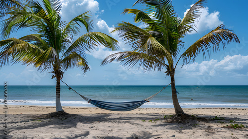 A hammock strung between two palm trees on a deserted beach.