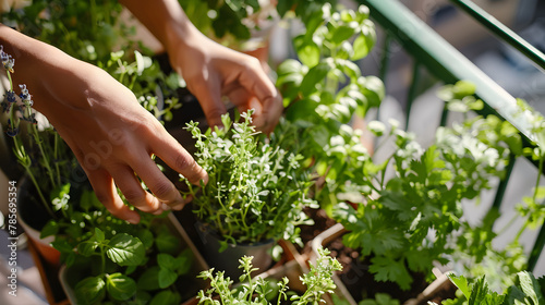 A hands-on gardening moment on a balcony planting new herbs like lavender and cilantro in recycled containers.