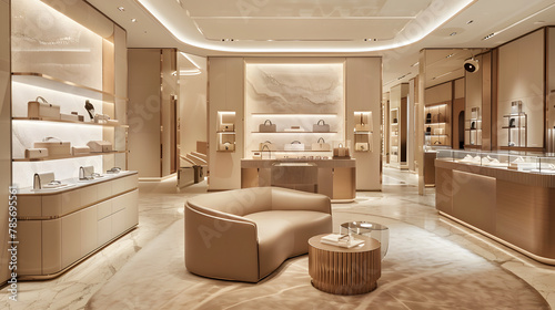 A high-end boutique with designer fashion and bespoke fittings.