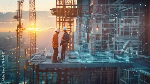 Man Standing on Top of Skyscraper, Contractors at work on a futuristic construction site overlaid with engineering blueprints photo