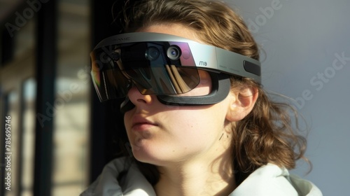 Stylish Female with High-Tech Virtual Reality Glasses in City