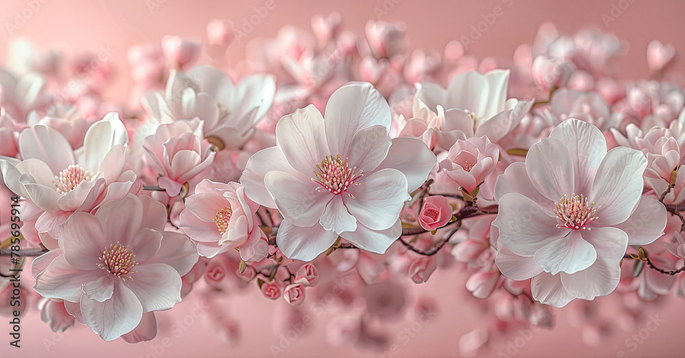 Wallpaper with magnolia flowers on pale pink background.