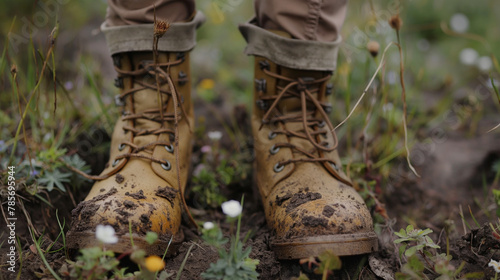 Mud-stained hiking boots amidst wildflowers for outdoor adventure gear promotion and nature blogs