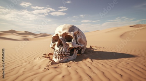 A skull is in the desert, in the sand. The sky is blue with some clouds.