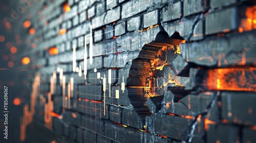 A 3d rendering of a financial chart breaking through a brick wall  AI generated illustration photo