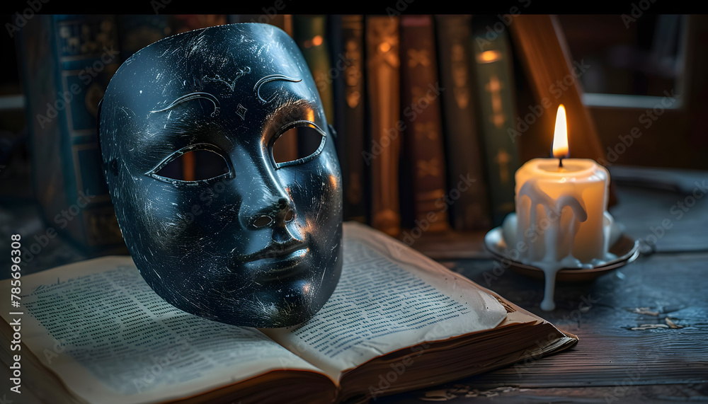 A dark still life with theatrical elements: a mask in front of a large book with a lit candle, representing the world theater day celebration. - obrazy, fototapety, plakaty 