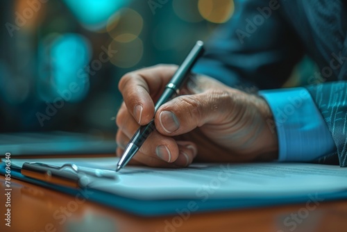 An intense focus on a man's hand penning his signature on a formal document at a desk