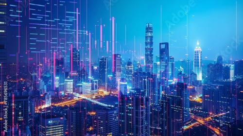 A city skyline with digital screens displaying stock market data  AI generated illustration © ArtStage