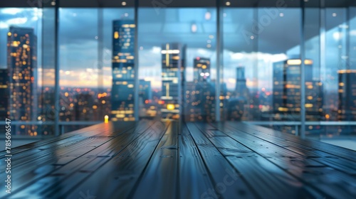 A closeup of a business table in a modern interior with a cityscape background AI generated illustration