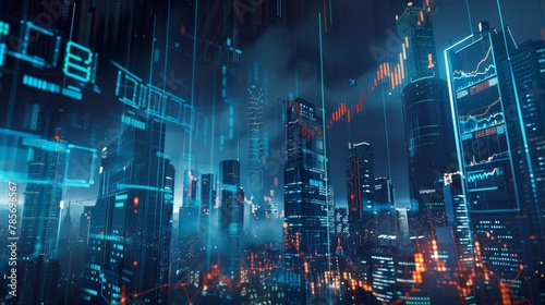 A city skyline with digital screens displaying stock market data AI generated illustration