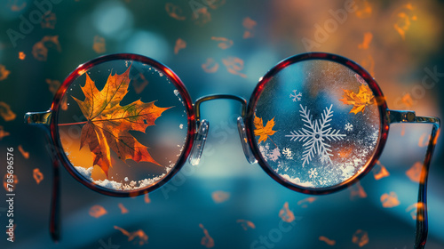 Artistic representation of seasonal shift with fall leaves and snowflakes through eyewear, perfect for creative seasonal campaigns. photo