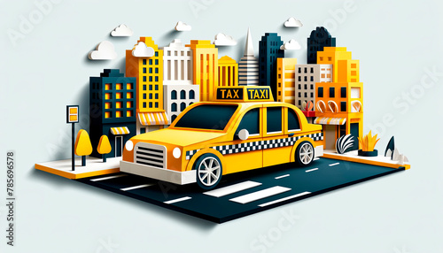 A vibrant paper craft taxi in a stylized city scene, perfect for businesses related to transportation, travel, or city life representations. photo