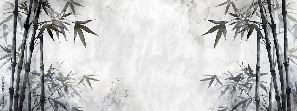 Obraz premium Monochrome black and white bamboo trees in traditional watercolor and ink art on cloudy background