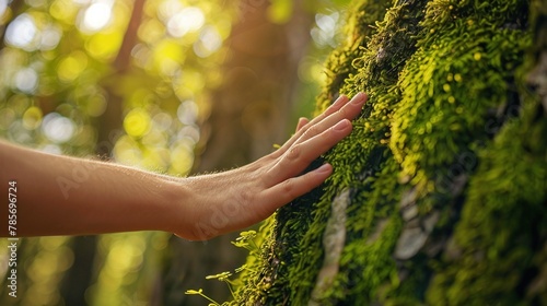 reconnect with the earth: explore a photo of a hand touching moss on a tree trunk