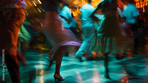 A lively salsa dancing night in a vibrant club with dancers moving rhythmically to energetic music.