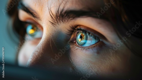 A close-up of a persons eyes staring intently at a computer screen AI generated illustration