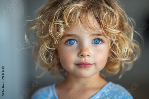 Radiant close-up of a young girl with angelic curly blonde hair, and enchanting blue eyes