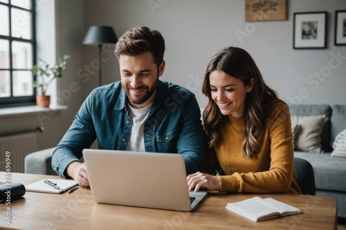 Hppy Couple looking at their laptop photo