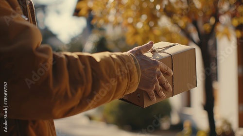 A close-up view of a delivery person handing a package to a customer AI generated illustration