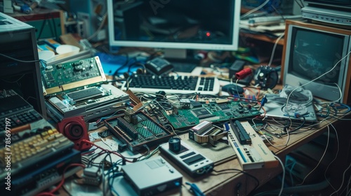A cluttered desk with various computer components scattered about AI generated illustration