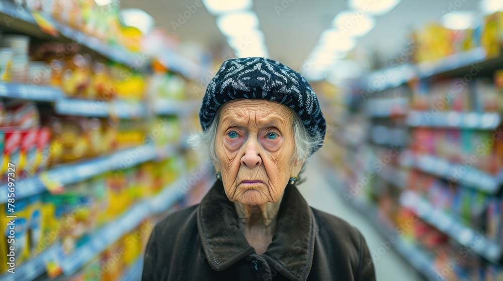 An elderly, gray-haired woman with a wrinkled beret stands in the aisle of a grocery store. An elderly, gray-haired woman with a wrinkled beret stands in the aisle of a grocery store.