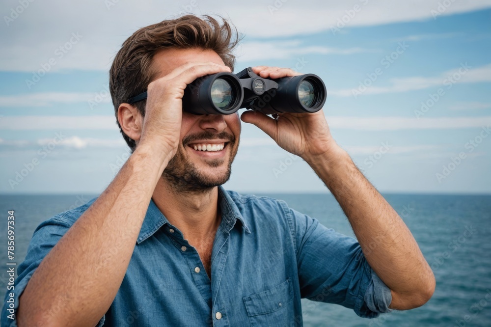 smiling yong man with binoculars looking out over ocean smiling yong man with binoculars looking out over ocean