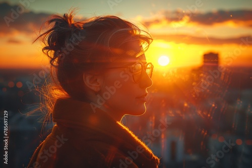 A woman overlooks a city at sunset, hair blowing in the wind, exuding a sense of wanderlust and freedom