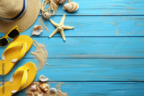 summer background with blue wood starfish sand sunglasses and flipflops